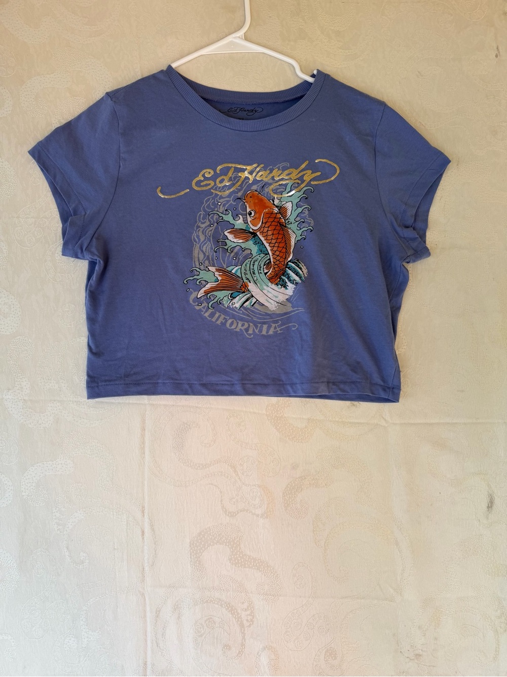 Ed Hardy Purple Crop Top with Orange Koi Graphic